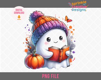 Cute Ghost with Book Clipart, Watercolor Ghost with Butterfly PNG, Pumpkin Spice Sublimation Art, Halloween Digital Download, knit hat png