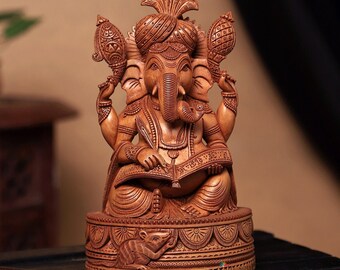 Wooden Lord Ganesha Statue 25 CM Small Size HandCarved, Wood Ganesh Figurine, Wood Ganapati, Elephant god, Ganesha for temple