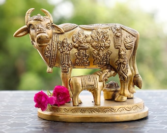 12 cm Kamdhenu Cow with Calf Pure Brass God Figure, Home Decor and Decorative Gift Item, Krishna's Kamdhenu Cow with multiple god figures