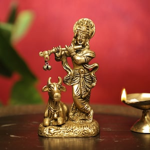 Lord Krishna Statue, 13CM Krishna with Cow in Brass, Krishan Figurine,God for Temple Mandir Pooja,Office Decor, Krishna Idol In Brass Murthy