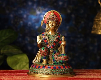 Estatua de latón Hanuman con trabajo en piedra, 18 cm Bendición de latón pequeño Señor Hanuman Idol, devoto de Rama, dios mono hindú, Bajrang Bali Murti Pooja