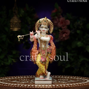 Krishna Statue,39CM Pure Marble Lord Krishna Idol, Sculpture Krishan With Flute, God Of Love Hindu statue Home Decor, Hindu Gifts Altar