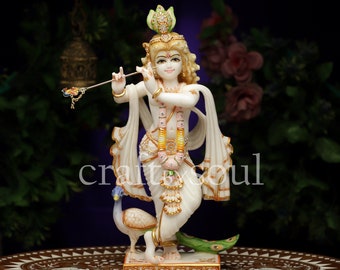 Krishna Statue,47CM Pure Marble Lord Krishna Idol, Sculpture Krishan With Flute, God Of Love Hindu statue Home Decor, Hindu Gifts Altar