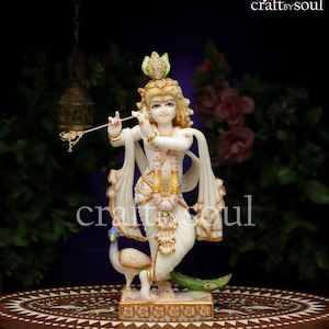 Krishna Statue,47CM Pure Marble Lord Krishna Idol, Sculpture Krishan With Flute, God Of Love Hindu statue Home Decor, Hindu Gifts Altar