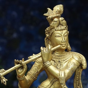 Krishna Statue in Brass, 31CM Big Large Size Krishna Brass Idol, Krishna Bhagwan Home Temple Puja, Garden Decor Idol, Hindu Religious Home