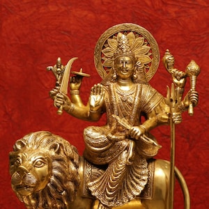 Maa Durga Statue,16&quot; Inch Brass Devi,Hand Painted Marble Bengali Devi,Brass Durga Mata Pratima,Durga Maa Figurine Idol,India For Temple