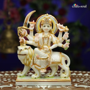 Durga Statue in Marble , 21 CM Pure Marble Devi, Hand Painted Marble Bengali Devi-Marble Durga Mata Pratima-Durga Maa Figurine Idol,India