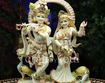 Radha Krishna .17" Estatua de Radha Krishna de mármol cultivado, Krishna con Radha, Hare krishna, krishna para Temple Mandir Puja Decor, Iskon Idols