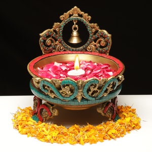 Brass Stone Urli Bowl Bell ,Traditional Bowl Decor Intricate Asthetic Design Urli For Diwali Home Decor,Handcrafted Vessel For Diya Floating