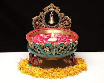 Brass Stone Urli Bowl Bell ,Traditional Bowl Decor Intricate Asthetic Design Urli For Diwali Home Decor,Handcrafted Vessel For Diya Floating