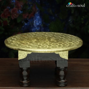 Round Chowki in Wood with Brass,Small Brass Pooja Chowki for Home Temple, Chowki For Idols, Chowki for Pooja, Puja Mandir Decor, Showpiece