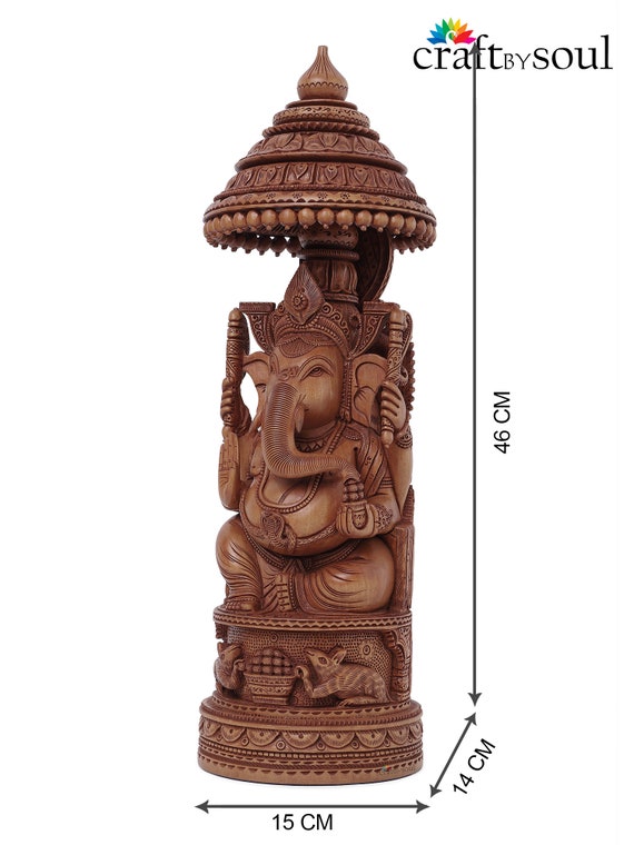 木製のガネーシャ神像 46 CM 大型手彫り、木製のガネーシャ像、木製の