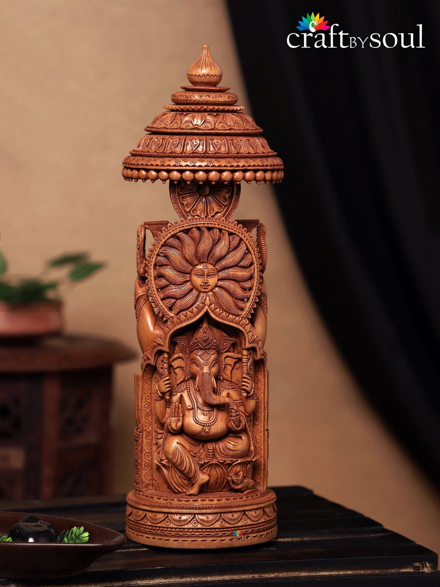 木製のガネーシャ神像 46 CM 大型手彫り、木製のガネーシャ像、木製の