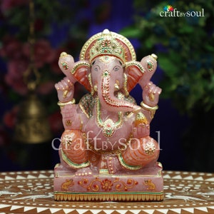 Lord Ganesha Statue,Rose Quartz Ganesha Idol, Stone Ganpati Statue, Handpainted  Ganesha, Murti for Home Temple, Ganesh Figurine Crystal