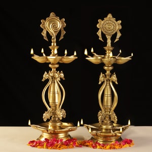 Brass Shankh Chakra Diya, Brass Appam Deepam,Brass Deepak 37cm for Temple Mandir Pooja Items, Diwali Deepawali Puja Decor, Gifts for Diwali.