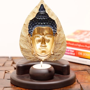 Brass Buddha Statue, 19 CM  Buddha Tea Light Holder on Wooden Stand, Outdoor Indoor Buddhist Deity,Temple Altar Yoga Studio Meditation Room
