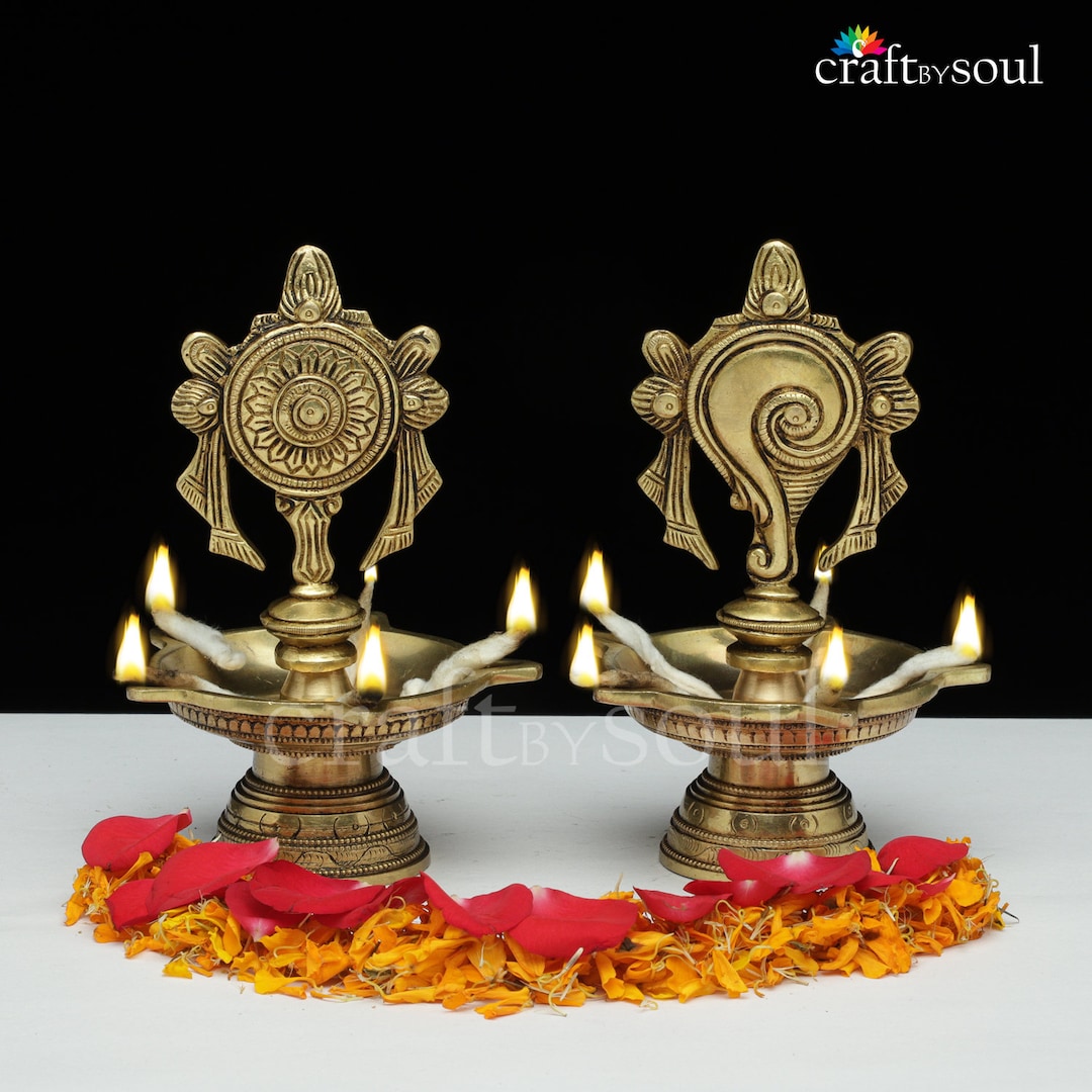 Brass Shankh Chakra Diya, Brass Appam Deepam,brass Deepak 6 Inch for ...