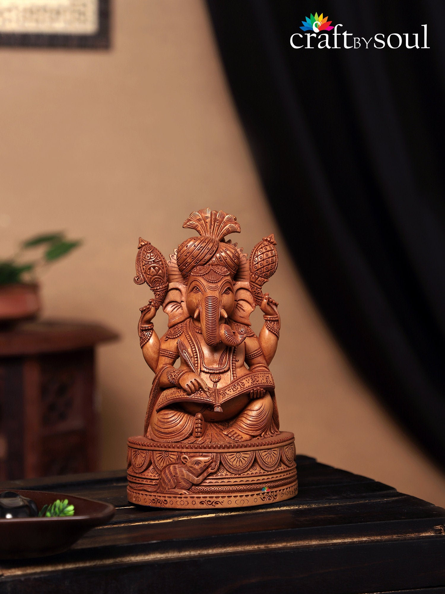 木製のガネーシャ神像 25 CM 小型手彫り、木製のガネーシャ像、木製の