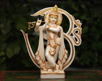 Lord Krishna Statue,30CM Dust Marble Lord Krishna Idol, Sculpture Krishan With Flute, God Of Love Hindu statue Home Decor, Hindu Gifts Altar