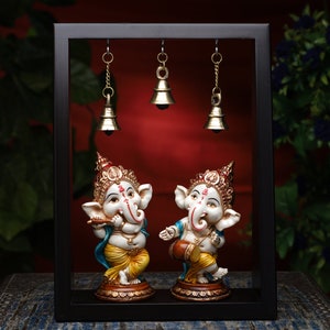 Ganesha Statues in Wooden Frame, Musical set of Ganesha Idol, Dancing Ganesha God of new Beginning for Altar, Cute Ganesha Statues For Decor image 1