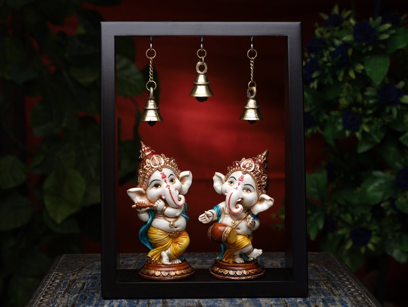 Ganesha Statues in Wooden Frame, Musical set of Ganesha Idol, Dancing Ganesha God of new Beginning for Altar, Cute Ganesha Statues For Decor image 1