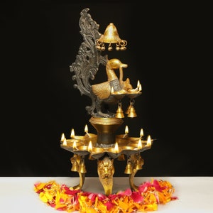 Brass Peacock Diya, 24&quot;  Brass Appam Deepam,Brass Deepak Stand for Temple Mandir Pooja Items, Diwali Deepawali Puja Decor, Gifts for Diwali