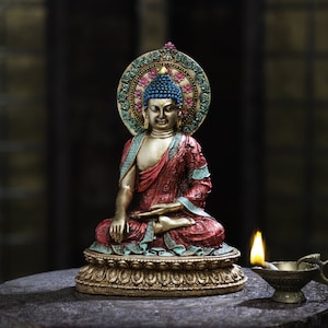Lord Buddha idol, 27 cm Big Buddha statue, Lord Buddha idol, Resin Buddha Sitting,Handmade Carved Engraved Statue Home Temple Decor