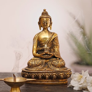 Messing Buddha Statue,19cm Tibetische Buddhistische GottHeit Messing Figur,Tibetischer Gott,Meditation Buddha,Buddhismus Shakyamuni Buddha Statue Tempel Frieden