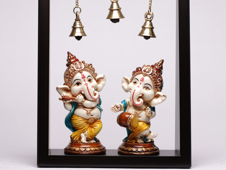 Ganesha Statues in Wooden Frame, Musical set of Ganesha Idol, Dancing Ganesha God of new Beginning for Altar, Cute Ganesha Statues For Decor image 4