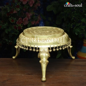 Round Chowki in Brass with Elephant Legs, Big Brass Pooja Chowki for Home Temple and Idols, Chowki for Pooja, Puja Mandir Decor, Showpiece