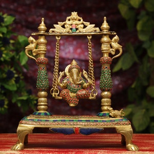 Brass Ganesha Statue on Swing, 34 cm Brass Swinging Ganesh Statue, Swinging Ganesha Idol, Jhula Ganesh, Jhoola Ganpati, New Beginnings Gift.