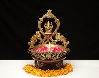 Brass Ganesha Urli Bowl,Traditional Bowl Decor Intricate Asthetic Design Urli For Diwali Home Decor,Handcrafted Vessel For Diya Floating Dia