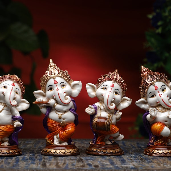 Dancing Ganesha 4 pc set statues, Musical Ganesh 4 pc set idols, Hindu good luck gifts and Marriage gifts items, Gift for new beginnings.