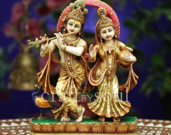 Radha Krishna .10 "Estatua de mármol cultivado radha Krishna, Krishna con Radha, Hare krishna, krishna para la decoración del templo Mandir Puja, ídolos de Iskon