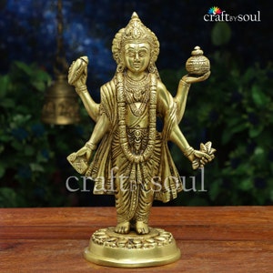Lord Vishnu Narayan Idol,10 inch Small Size Standing Vishnu Statue In Brass,Narayana Figurine, Vishnu Sculpture for Home Temple, Garden Deco