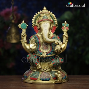 Brass Ganesh Statue with Stone Work, Lord Ganesha Idol, Ganesha Statue, Brass Elephant God, Good Luck God, Vinayaka Statue, home decor