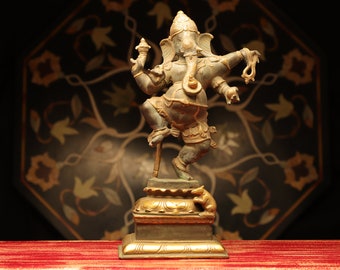 Brass Ganesh Statue,Antique Brass Ganesha Idol,Dancing Ganesh Figurine Ganes, Brass Elephant God, Good Luck God, Vinayaka Statue, home decor