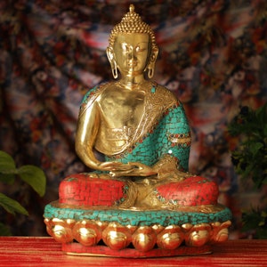Brass Buddha Statue with Mosaic Stonework,20 Inch Big Large Vitarka Mudra Buddha Idol, Buddhist Temple, Yoga Studio & Meditation Room Decor.