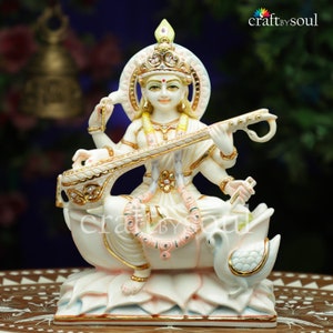 Saraswati Idol Large, 29 cm Big Size Hand Painted Cultured Marble Saraswati Statue on Lotus. Hindu goddess of Arts, Music & Knowledge Murti