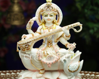 Saraswati Idol Große, 29 cm große handbemalte Marmorstatue auf Lotus. Hinduistische Göttin der Kunst, Musik & des Wissens Murti