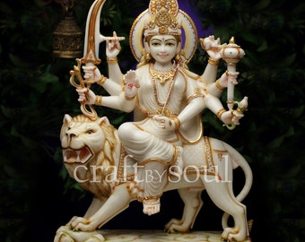 Big Durga Statue in Marble,63 cm Pure Marble Devi, Hand Painted Marble Bengali Devi-Marble Durga Mata Pratima-Durga Maa Figurine Idol,India