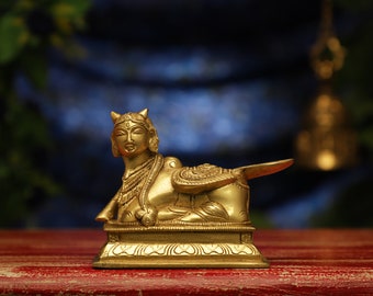 Brass Nandi Statue, Gatekeeper of Shiva & Parvati, 12 cm Sacred Bull god, Sitting Nandi, Shiv Sevak, Cow God For Temple Mandir Shrine Altar