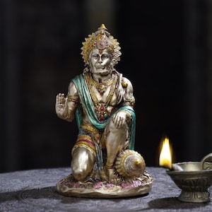 Lord Hanuman Statue,17 cm Resin Sitting Hanuman Figurine, Resin Blessing Hanumaan Idol,Bajrangbali Statue for Temple MAndir Altar Shrine Dec