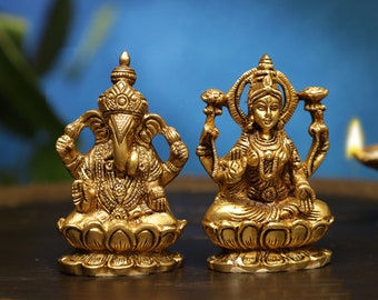Messing Lakshmi Ganesha Set, Hindu Gott Idol, 9 cm Messing Laxmi Ganesh Set, Ganesh Laxmi Statue, Diwali Puja Gott, Laxmi Ganesh Murti Für Deko