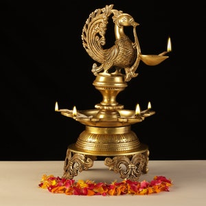 Brass Peacock Diya, 36cm Brass Appam Deepam,Brass Deepak Stand for Temple Mandir Pooja Items, Diwali Deepawali Puja Decor, Gifts for Diwali