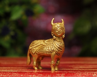 Brass Nandi Statue, Gatekeeper of Shiva & Parvati, 10 cm Sacred Bull god, Sitting Nandi, Shiv Sevak, Cow God For Temple Mandir Shrine Altar