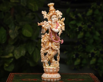Lord Krishna Statue,36CM Dust Marble Lord Krishna Idol, Sculpture Krishan With Flute, God Of Love Hindu statue Home Decor, Hindu Gifts Altar