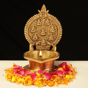 Brass AshtLakshmi Diya,Laxmi Deepam For Temple Mandir Puja, Oil Wick Deepak Lamp,8 Forms of Maa Laxmi,Diwali Deep For Puja,Brass Amman Deep