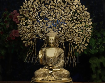 Koperen Boeddhabeeld met boom, grote grote BRass boeddhistische godheid, Tibetaanse God, mediterende Boeddha, boeddhisme Shakyamuni Boeddhabeeld Tempel Vrede