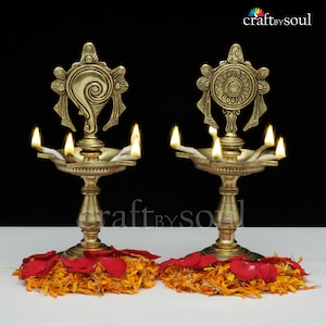 Brass Shankh Chakra Diya, Brass Appam Deepam,Brass Deepak 9 Inch for Temple Mandir Pooja Items,Diwali Deepawali Puja Decor, Gifts for Diwali